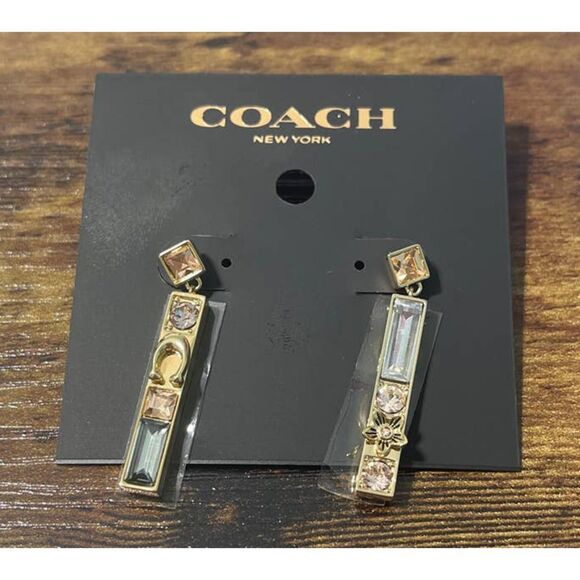 Women's Coach Crystal Gemstone Dangle Bar Earrings Gold Signature C Statement - Picture 11 of 11